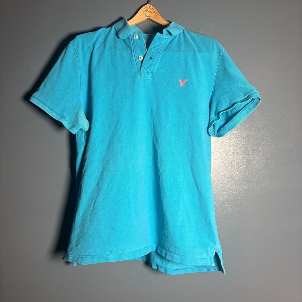 American Eagle Men’s Polo Shirt Classic Fit Blue Pink Logo Short Sleeve